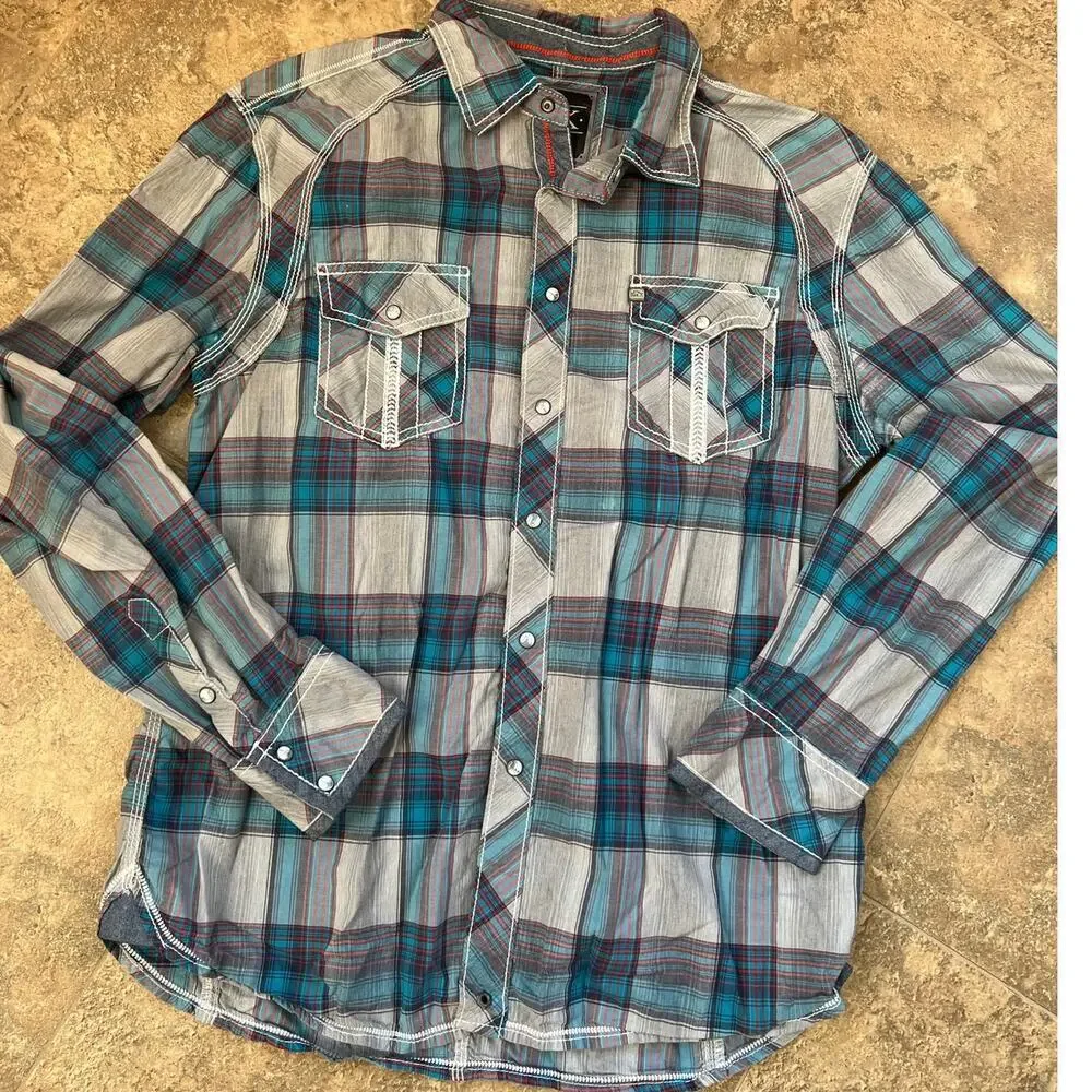 Buckle Black Athletic gray/teal plaid snap down long sleeve shirt., Men's size L